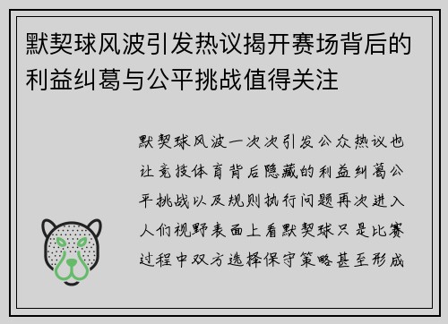 默契球风波引发热议揭开赛场背后的利益纠葛与公平挑战值得关注